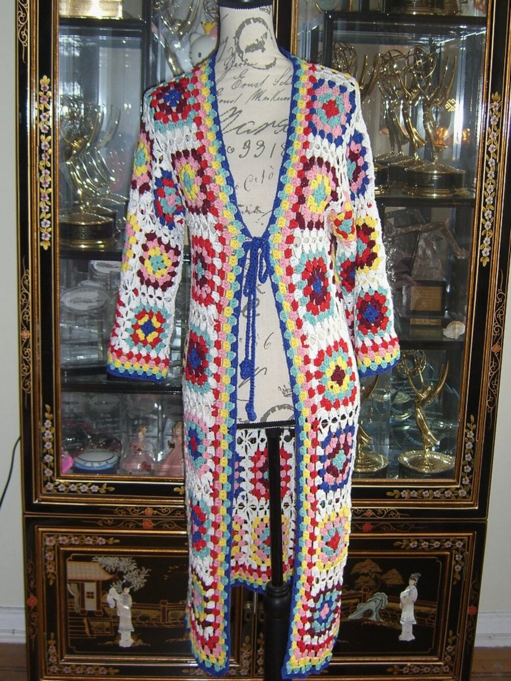 NWT BLOOMINGDALE'S AQUA X MULTICOLOR LONG CROCHET CARDIGAN SWEATER S/M